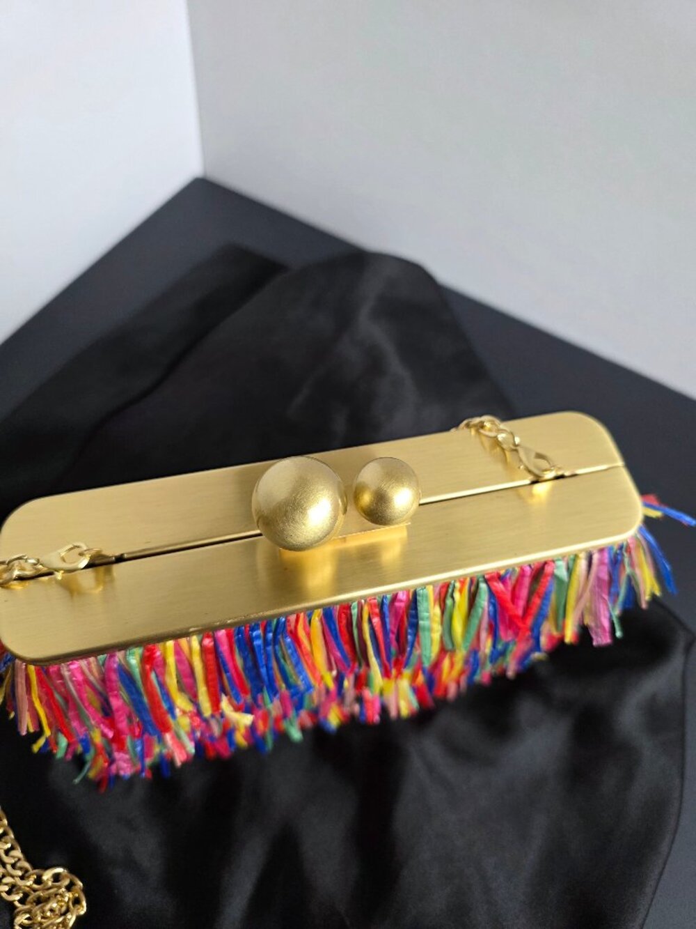 Olga Berg Carlita Carnivale Clutch Bag Multicolor Raffia Gold Frame Chain Strap - Picture 4 of 16